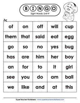 Sight Word Bingo (Unit 9) Sight Words Worksheet