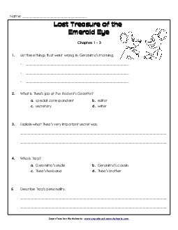 Questions for Chapters 1-3 Free Book Geronimo Stilton Worksheet