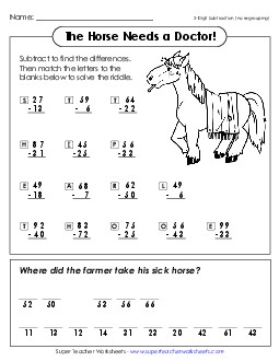 Math Riddle: Sick Horse Subtraction Worksheet