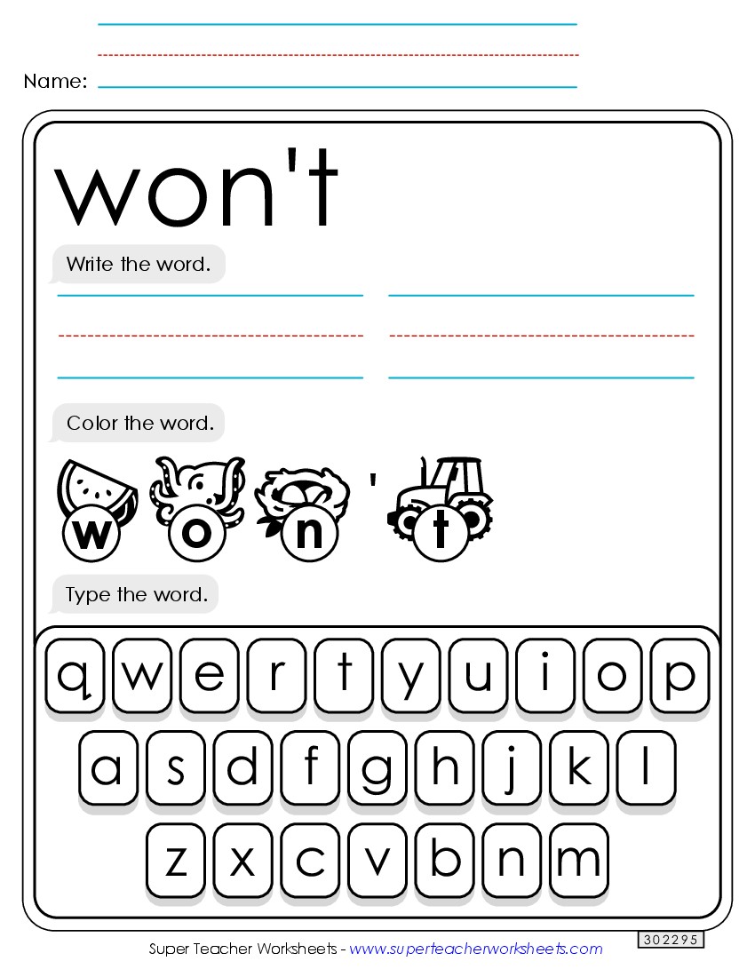 Write, Color, Type: Wont Sight Words Individual Worksheet