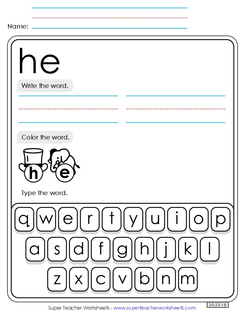 Write, Color, Type: He Sight Words Individual Worksheet