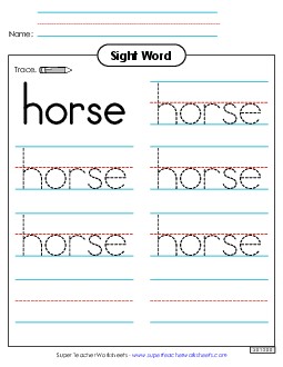 Trace the Word: Horse Sight Words Individual Worksheet