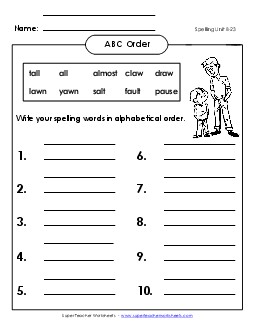 ABC Order: Write List (B-23) Spelling B Worksheet