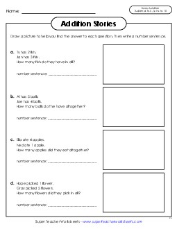 Addition Stories Word Problems: Sums to 10 Worksheet