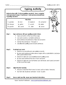 Typing Sentences (E-5) Spelling E Worksheet