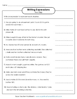 Writing Two-Step Expressions Writing Expressions Worksheet