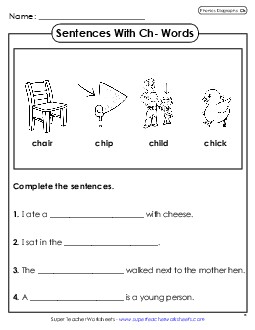 Sentences with CH Words Phonics Digraphs Worksheet