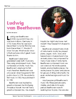 Biography: Ludwig van Beethoven 4th Grade Reading Comprehension 4th Grade ELA Worksheet