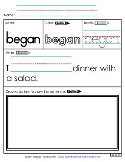 Worksheet 3: Began Sight Words Individual Worksheet