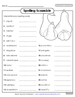 Word Scramble (Thanksgiving) Spelling F Worksheet