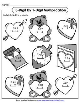 3-Digit Valentine\'s Multiplication Valentines Day Worksheet