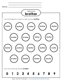 Dab or Color: Brother Sight Words Individual Worksheet