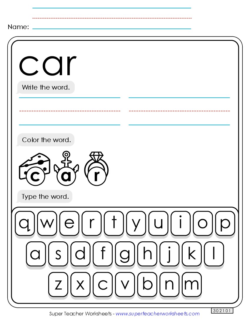 Write, Color, Type: Car Sight Words Individual Worksheet