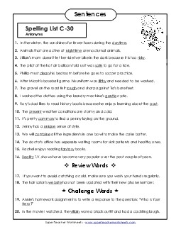 Spelling Test Sentences (C-30) Spelling C Worksheet