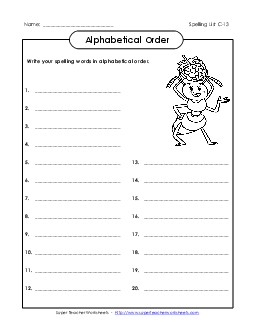 ABC Order: Write List (C-13) Spelling C Worksheet