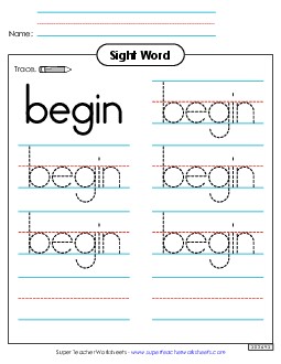 Trace the Word: Begin Sight Words Individual Worksheet