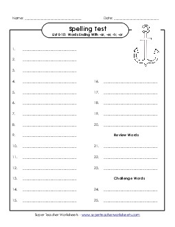 Spelling Test (E-10) Spelling E Worksheet