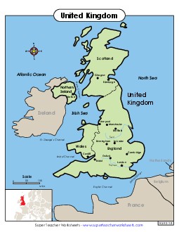 UK Map with Key Locations United Kingdom Worksheet