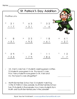 St. Patrick\'s Day 2-Digit Addition Worksheet