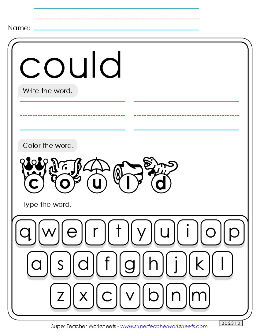 Write, Color, Type: Could Sight Words Individual Worksheet