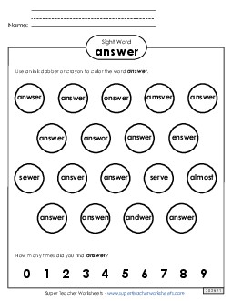 Dab or Color: Answer Sight Words Individual Worksheet