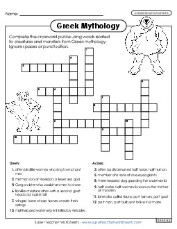 Crossword Puzzle: Creatures & Monsters Greek Mythology Worksheet