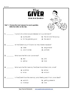 Whole Book Questions Book The Giver Worksheet