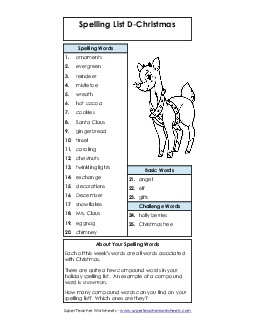 Spelling List (D-Christmas)  Spelling D Worksheet