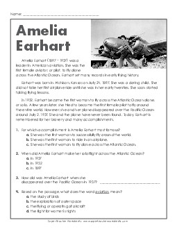 Amelia Earhart Free 4th Grade Reading Comprehension Reading Comp Short Worksheet