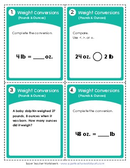 Task Cards: Converting Pounds and Ounces Measurement Worksheet