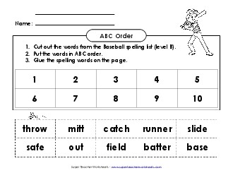 ABC Order: Cut and Glue (B-Baseball)  Spelling B Worksheet