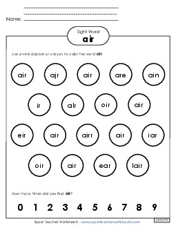 Dab or Color: Air Sight Words Individual Worksheet