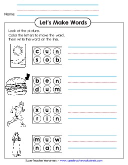 Color the Letters & Write (-un) Word Families Worksheet