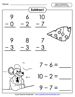 Basic Subtraction Facts: Mouse (Minuends 10 or Less) Worksheet