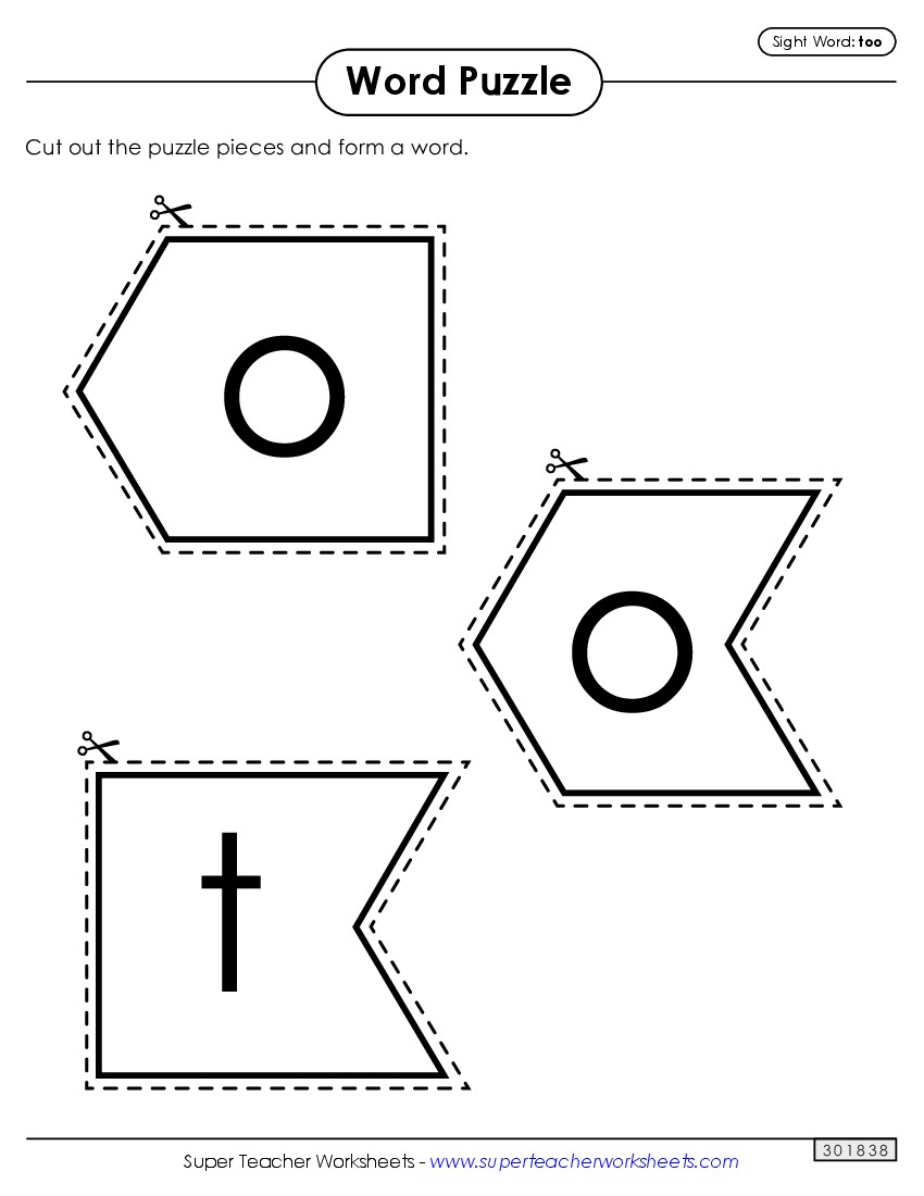 Word Puzzle: Too Sight Words Individual Worksheet