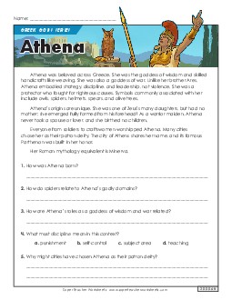 Greek Gods Series: Athena Reading Comprehension Reading Comp Short Worksheet