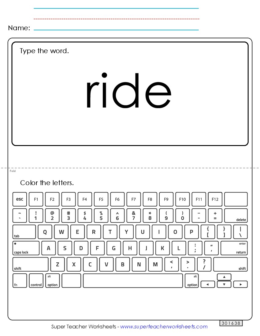 Type the Word: Ride Sight Words Individual Worksheet