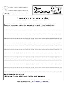 Literature Circles: Summarizer Book Tuck Everlasting Worksheet