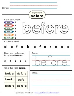 Worksheet 4: Before Sight Words Individual Worksheet