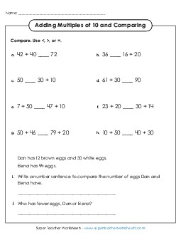 Add Multiples of 10 and Compare Addition Worksheet