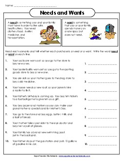 Needs vs. Wants 3rd Grade 3rd Grade Social Studies Worksheet