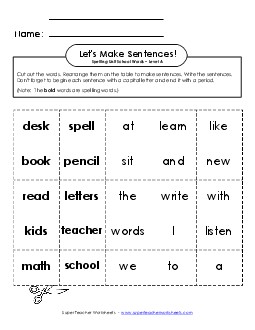 Let\'s Build Sentences (A-School Words) Spelling A Worksheet