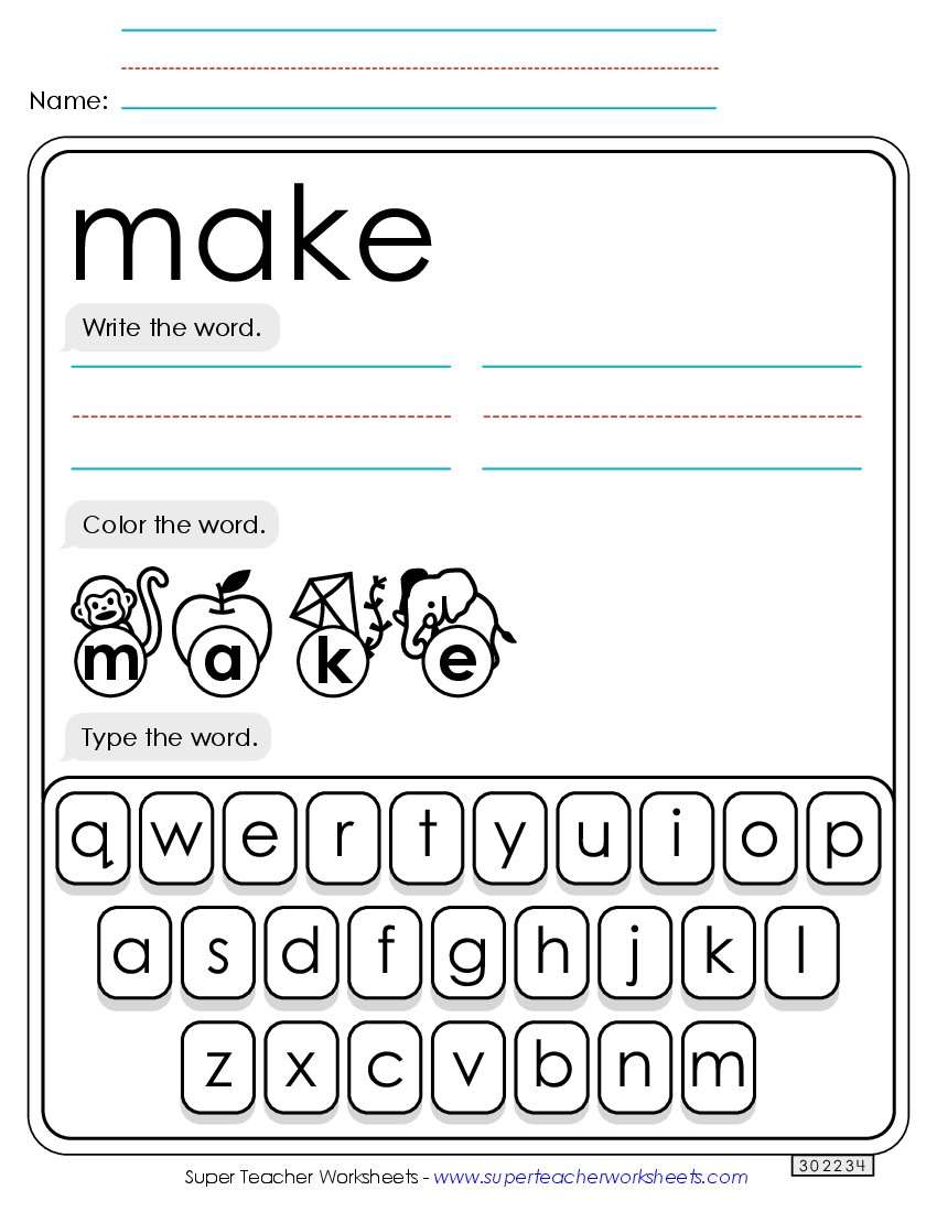 Write, Color, Type: Make Sight Words Individual Worksheet