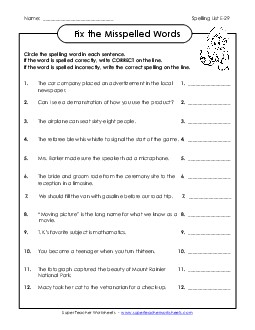 Fix the Misspelled Words (E-29) Spelling E Worksheet