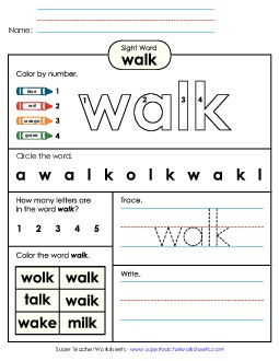 Walk (Sight Word) Free Sight Words Individual Worksheet