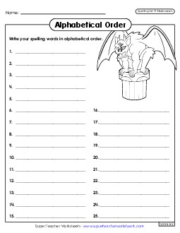 Alphabetical Order: Whole List (Halloween) Spelling F Worksheet