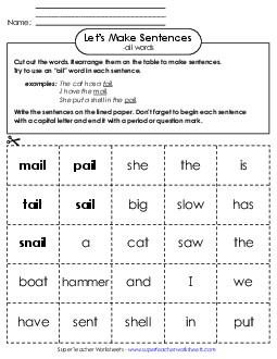 Make Sentences: Word Cards (-ail) Word Families Worksheet