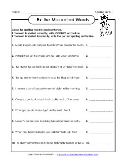 Fix the Misspelled Words (C-1)  Free Spelling C Worksheet