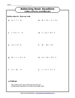 Equations with Addition, Subtraction, & Multiplication Worksheet