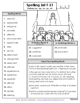 Spelling Word List (F-21) Spelling F Worksheet